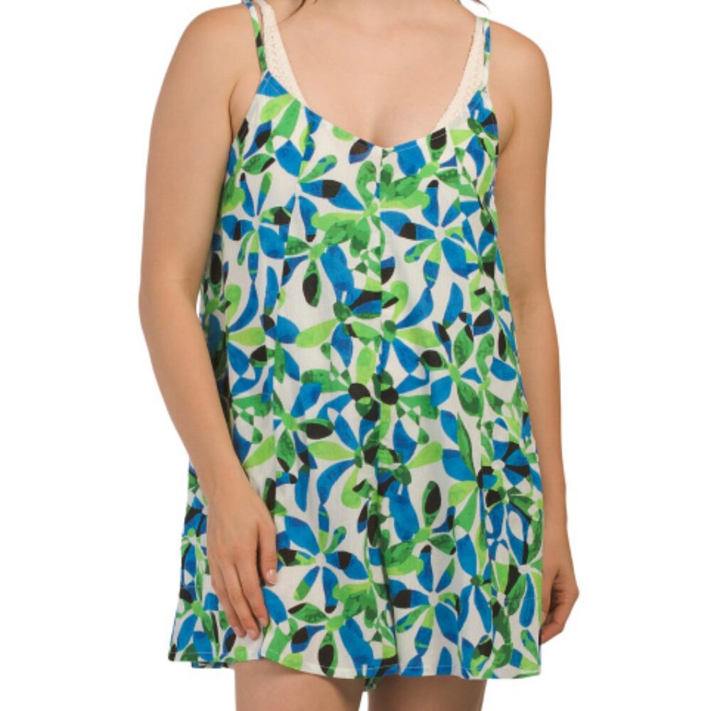 Sanctuary Jigsaw Petals Short Romper Cover-Up With Pockets — Print— Size L